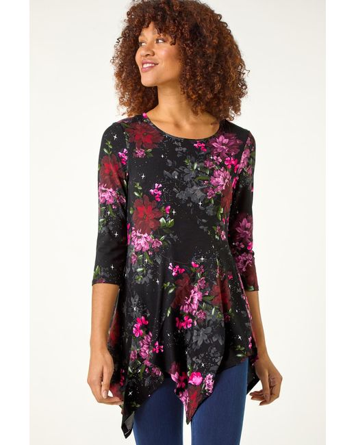 Roman Blue Floral Print Hanky Hem Stretch Top