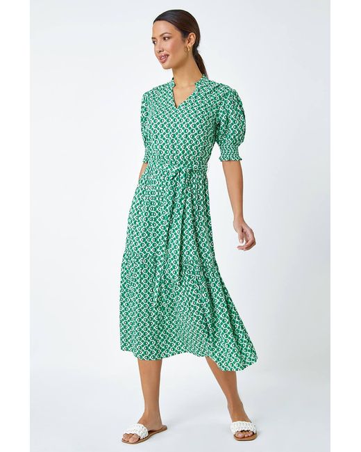 Roman Green Geometric Tiered Belted Midi Dress