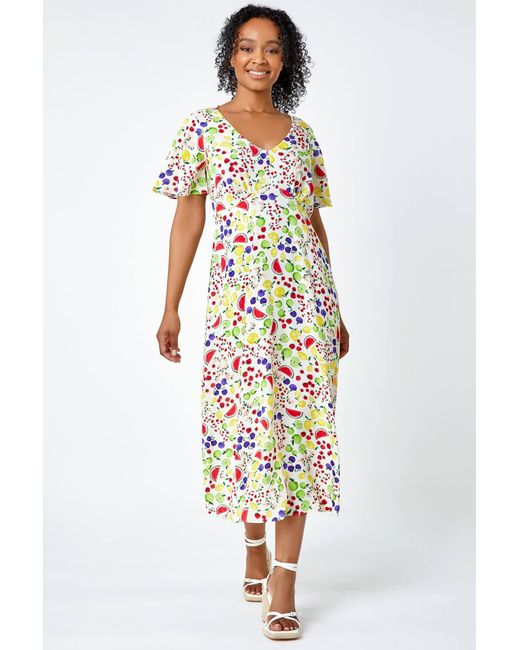 Roman Petite White Fruit Print Midi Tea Dress