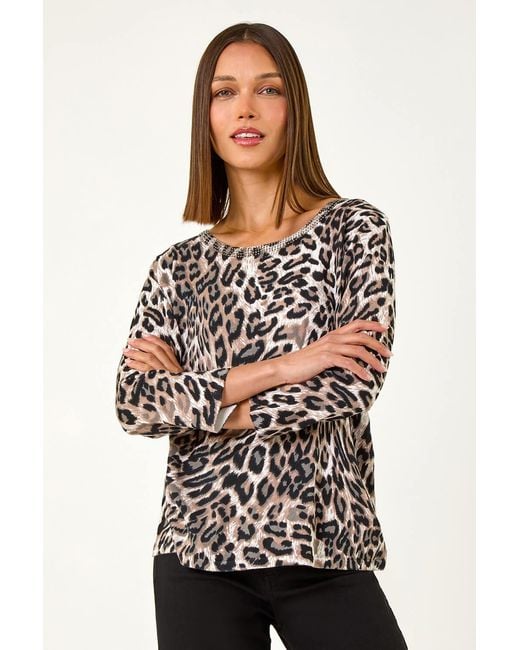 Roman Gray Animal Print Embellished Neck Jumper