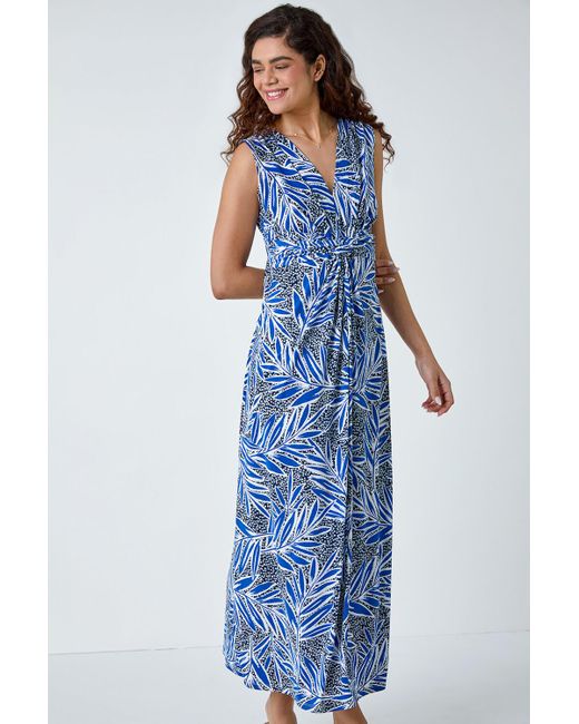 Roman Blue Tropical Puff Print Twist Stretch Maxi Dress