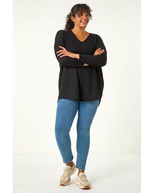 Roman Curve Black V-Neck Crochet Knit Top