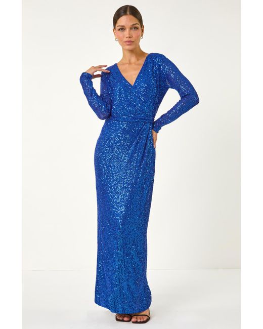 Roman Blue Sequin Wrap Stretch Maxi Dress