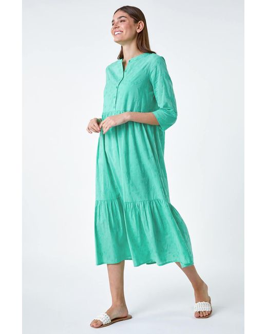 Roman Green Embroidered Tiered Cotton Midi Dress