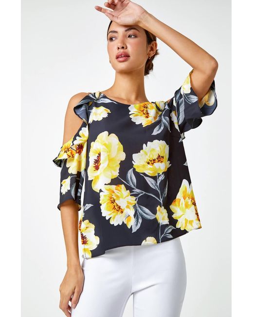 Roman Yellow Floral Ruffle Detail Cold Shoulder Top