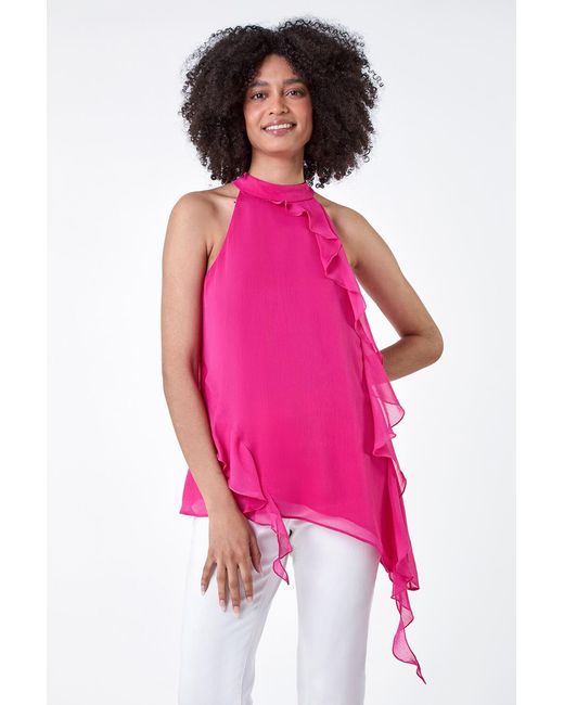 Roman Pink Halterneck Asymmetric Frill Detail Top
