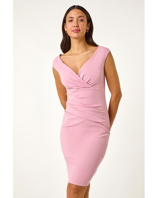 Roman Pink Bardot Wrap Front Stretch Dress