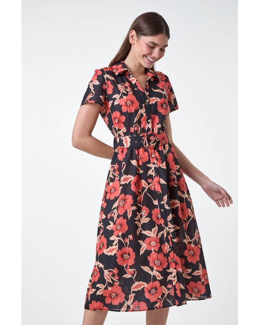 Roman Red Floral Linen Look Belted Shirt Dress
