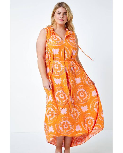 Roman Curve Orange Tie Dye Print Tie Neck Midi Dress