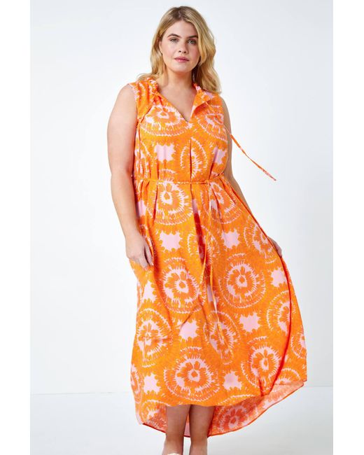 Roman Orange Originals Curve Tie Dye Print Tie Neck Midi Dress