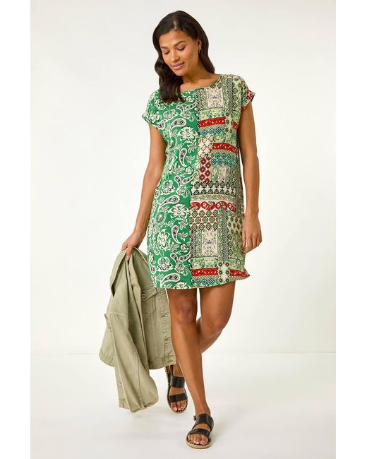 Roman Green Paisley Print Smocked T-Shirt Dress