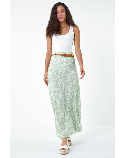 Roman White Dusk Fashion Ditsy Floral Belted Maxi Skirt
