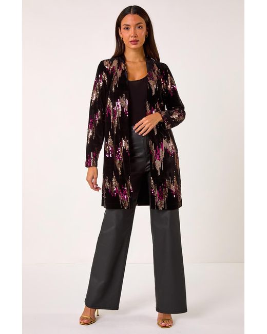 Roman Black Sequin Velvet Longline Jacket