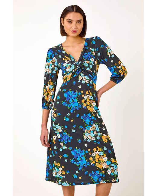 Roman Blue Twist Detail Floral Midi Dress