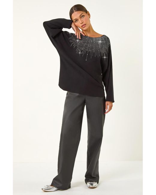 Roman Black Hotfix Embellished Neck Knit Jumper