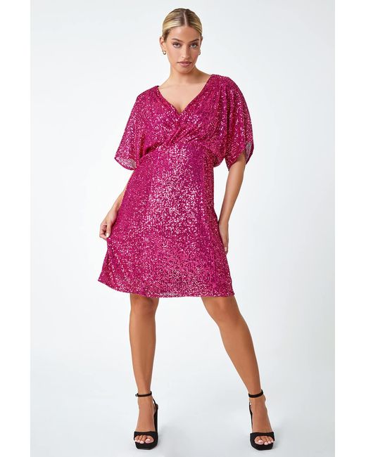 D.u.s.k Pink Sequin Embellished Wrap Skater Stretch Dress