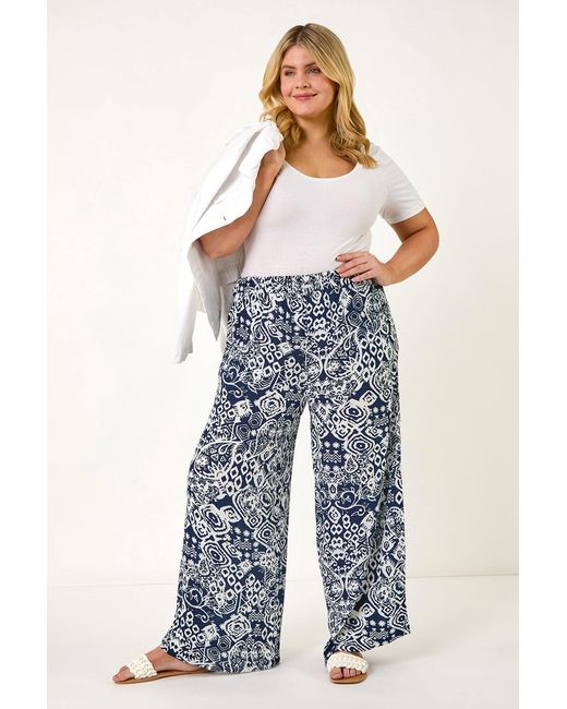 Roman Curve Gray Ikat Print Wide Leg Trouser