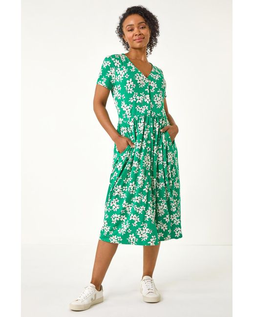 Roman Petite White Floral Button Up Stretch Midi Dress