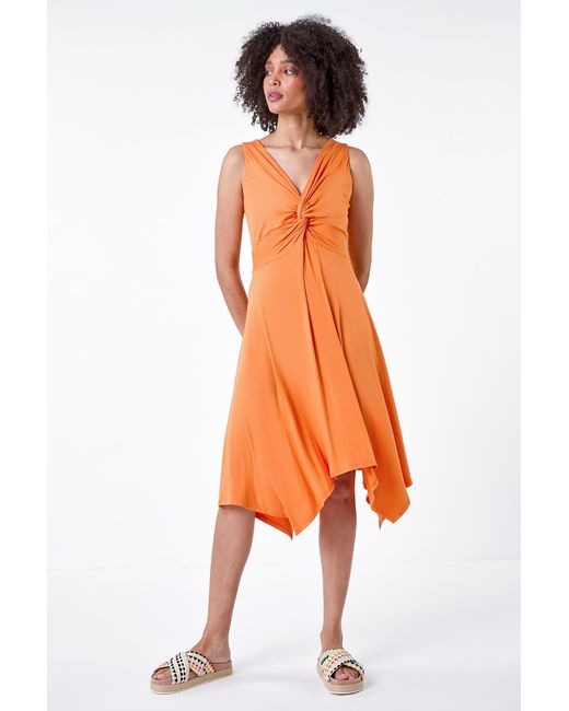 Roman Orange Twist Front Hanky Hem Stretch Dress