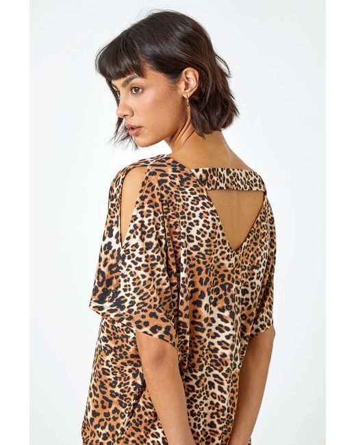 Roman Natural Animal Print V-Neck Cold Shoulder Stretch Top