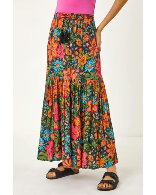 Roman Black Floral Print Tiered A-Line Skirt