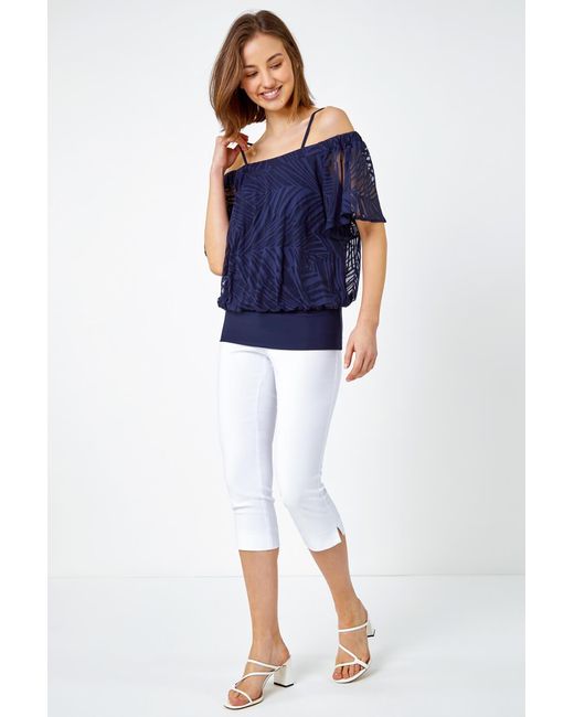 Roman Blue Burnout Palm Print Cold Shoulder Top