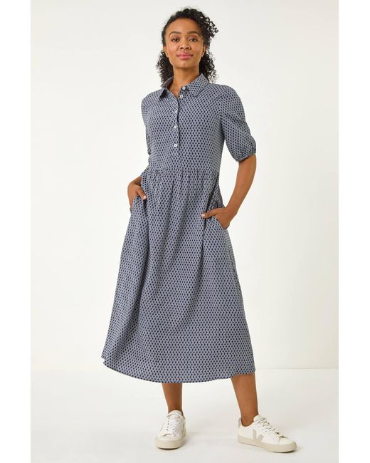 Roman Petite Gray Geo Print Button Midi Dress