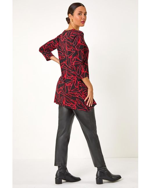Roman Red Leaf Print Stretch Tunic Top