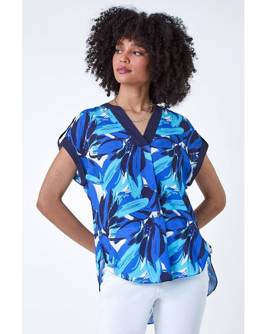 Roman Blue Abstract Floral Print Contrast Trim Top