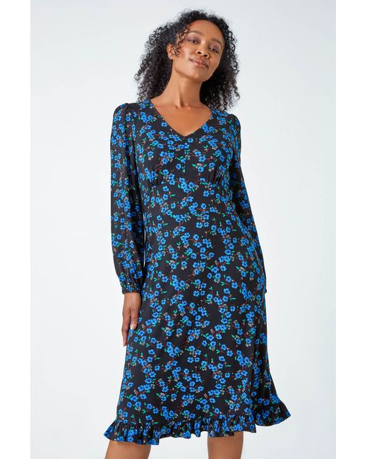Roman Petite Blue Floral Print Stretch Dress