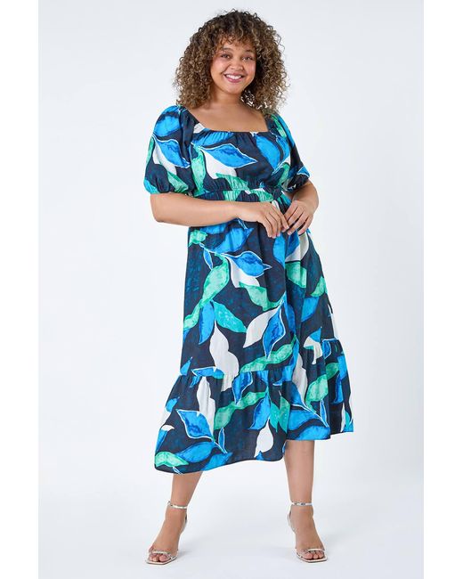 Roman Curve Blue Leaf Print Shirred Midi Dress