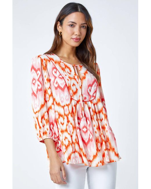 Roman Red Abstract Print Tie Detail Smock Top