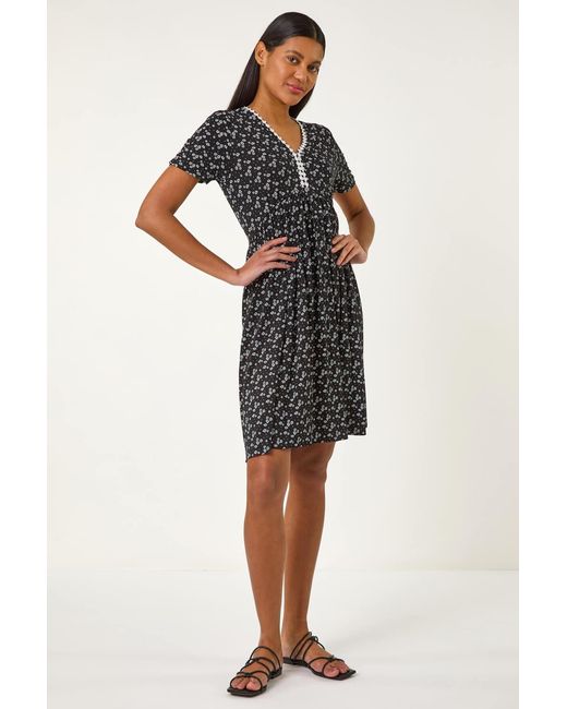Roman Black Ditsy Floral Print Trim Dress
