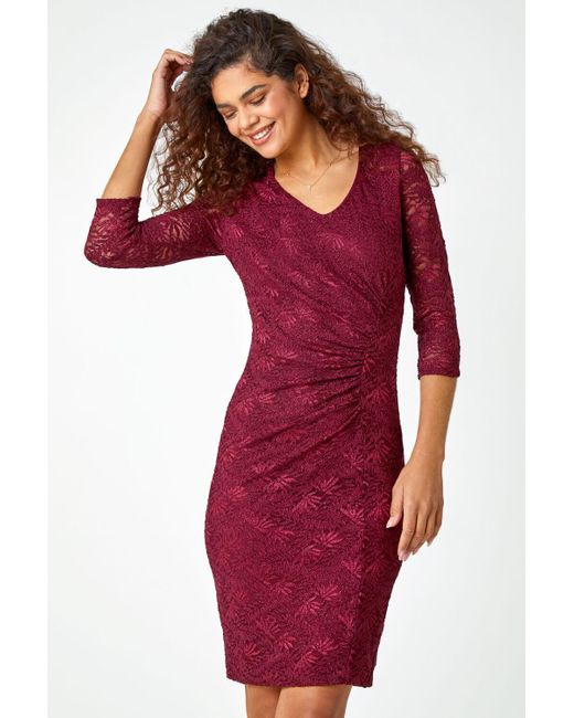 Roman Red Glitter Lace Ruched Shift Stretch Dress