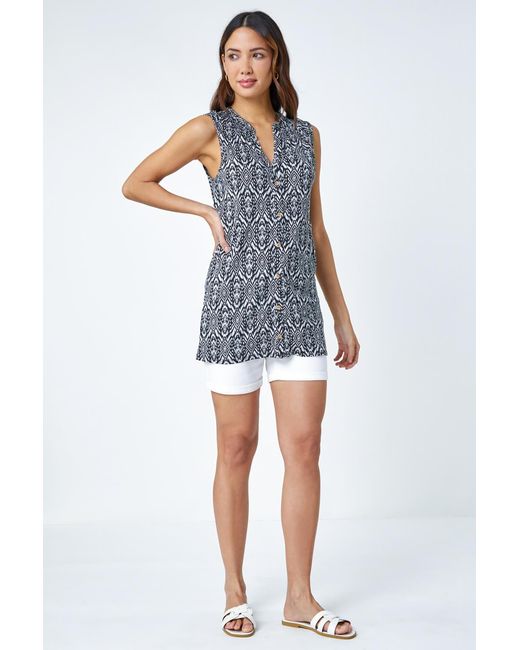 Roman Blue Printed Button Through Jersey Blouse