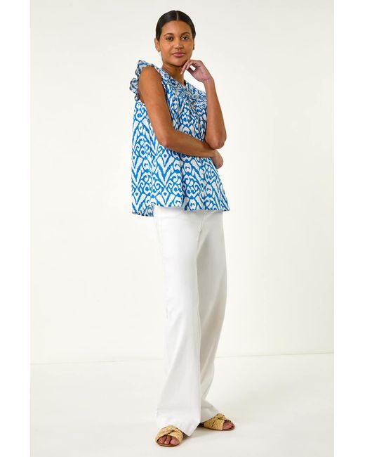 Roman Blue Abstract Print Pleated Sleeve Blouse