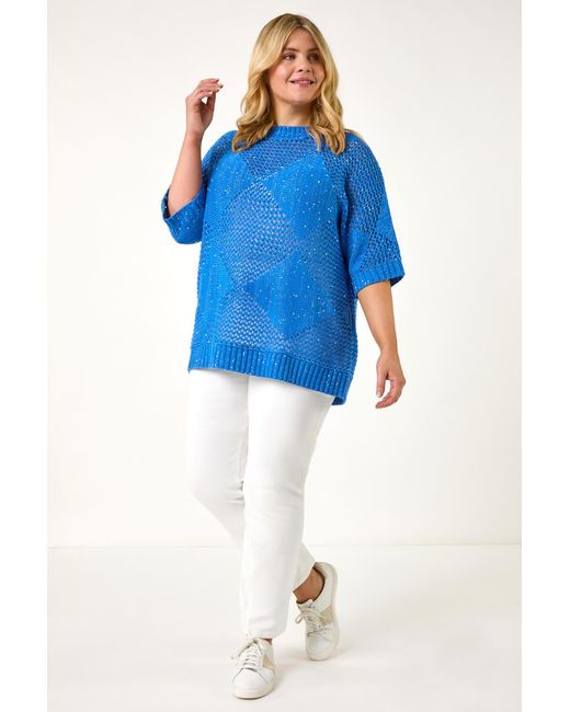 Roman Curve Blue Metallic Diamond Knit Top