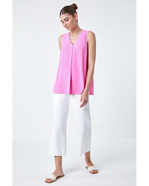 Roman Pink V-Neck Sleeveless Pleat Vest Top