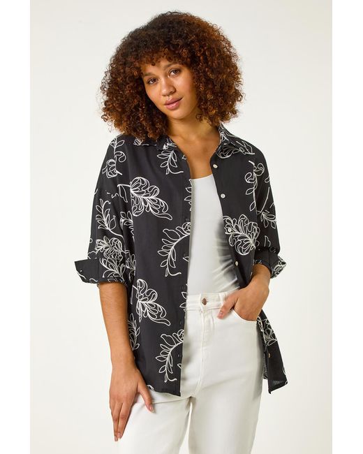 Roman Black Embroidered Floral Cotton Shirt