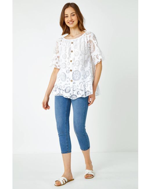 Roman White Sheer Lace Button Detail Bardot Top