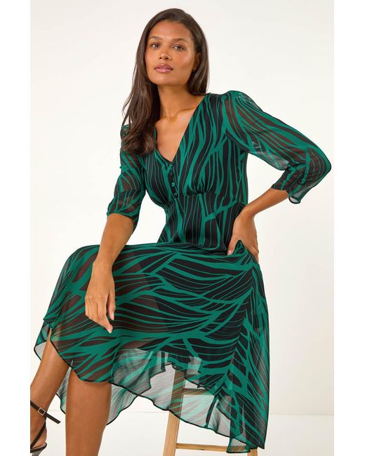 Roman Green Abstract Print Wrap Hanky Hem Midi Dress