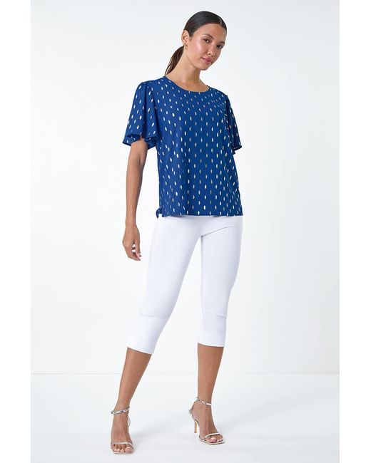 Roman Blue Metallic Foil Spot Print Top