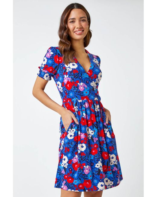 Roman Blue Floral Frill Sleeve Wrap Dress