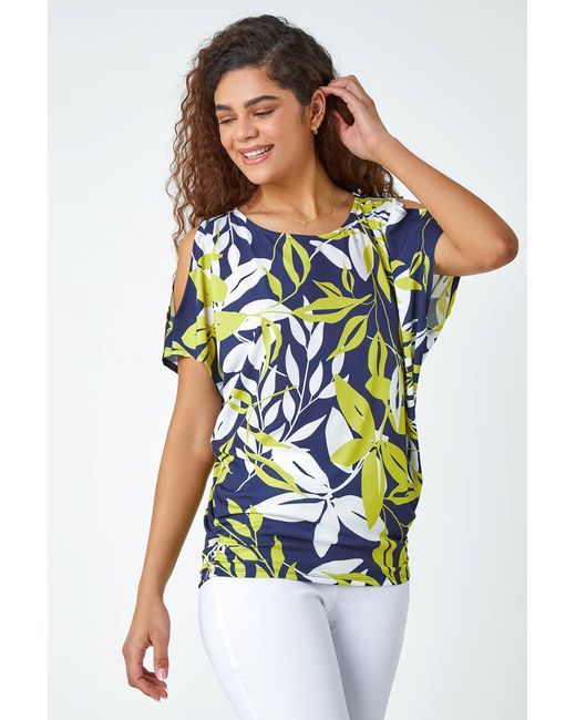 Roman Green Leaf Print Ruched Cold Shoulder Top