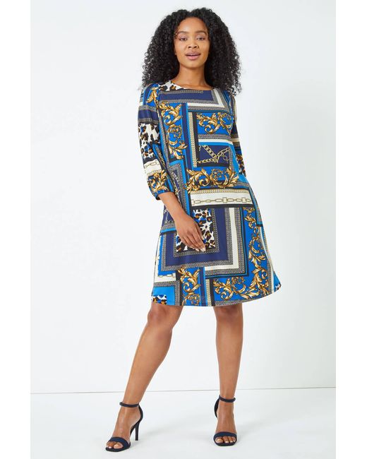 Roman Petite Blue Abstract Animal Print Shift Dress