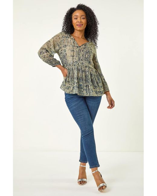 Roman Petite Green Metallic Aztec Print Top