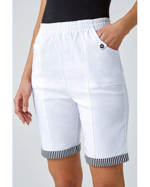 Roman White Contrast Detail Elastic Waist Stretch Shorts