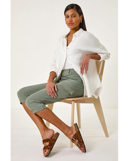 Roman Green Turn Up Stretch Cropped Cargo Trousers