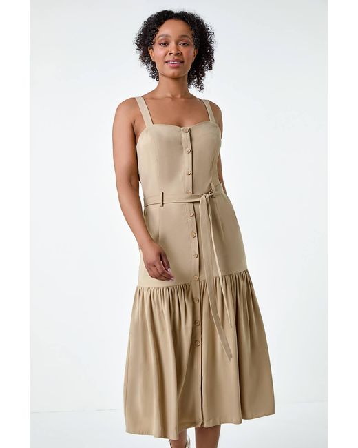 Roman Petite Natural Button Front Tiered Midi Dress