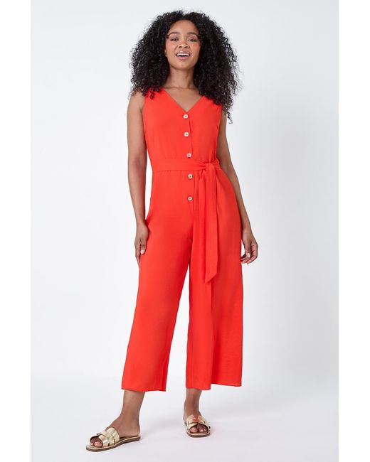 Roman Petite Red Sleeveless Button Front Jumpsuit